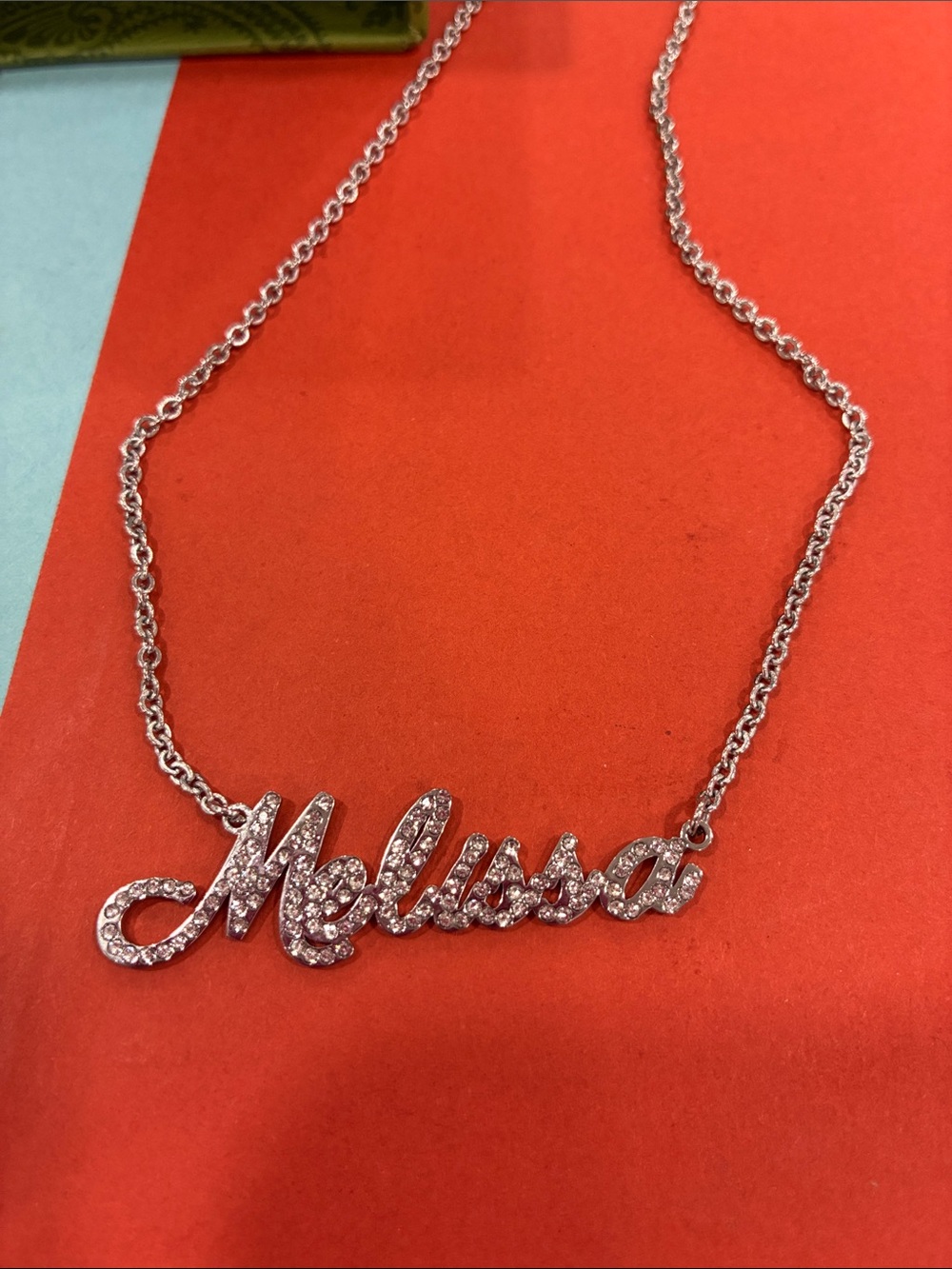 Melissa Nameplate Necklace in Silver with Clear Stones - Picture 2 of 3